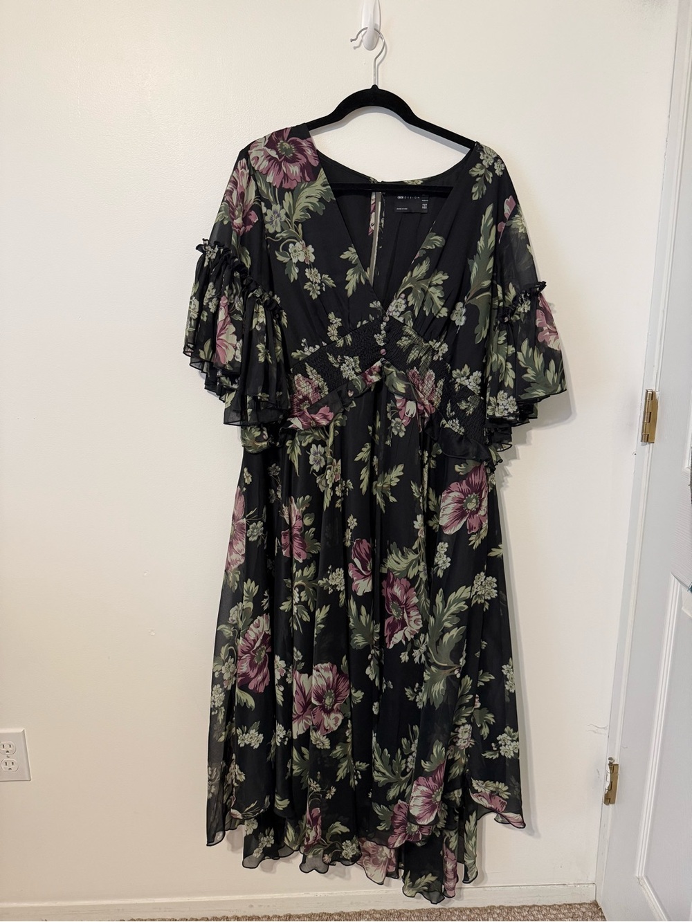 ASOS Maternity Black Floral V-Neck Midi Dress with Ruffle Sleeves